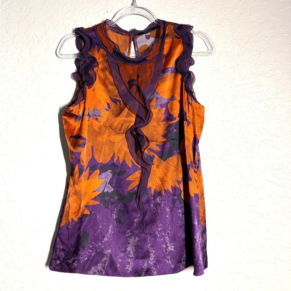 Elie Tahari SILK Ruffle Purple Orange Blouse Sz S Witchy Gothic Grungy